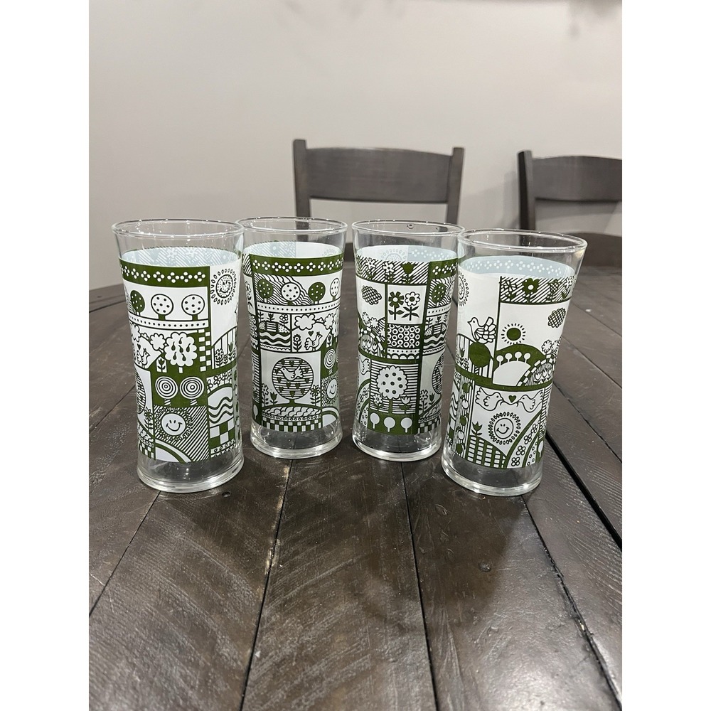 Vtg Amish Folk Art Green Tumbler 6‎ 1/2" Glasses Flowers Birds Set Of 4 MCM